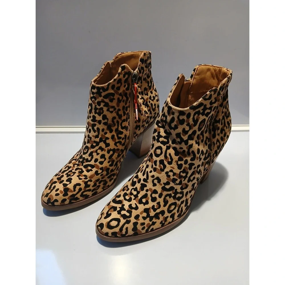 Womens Leopard Print Ankle Boots Chunky Heel Side Zip Fashion Booties‎